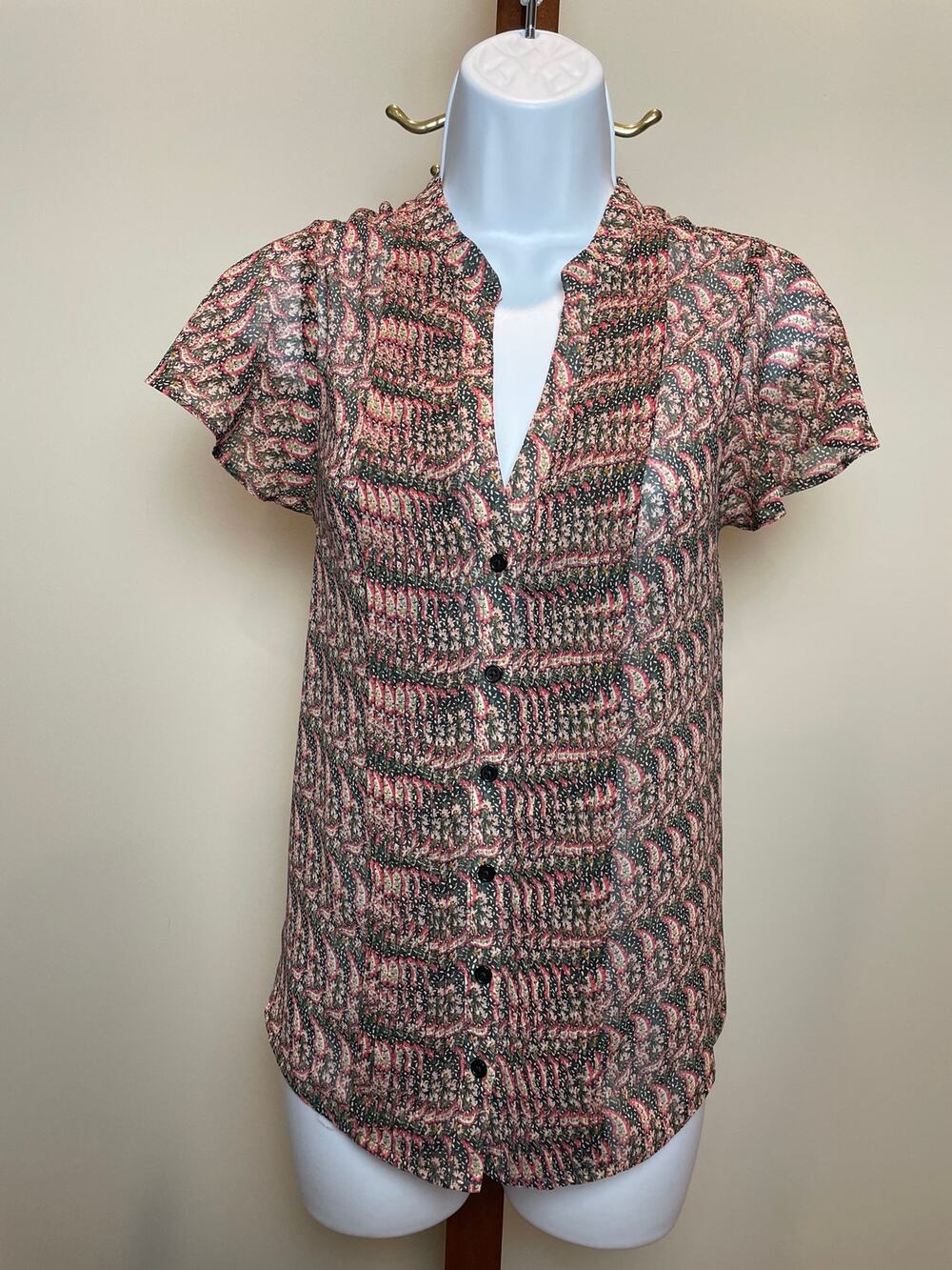 Banana Republic Black & Pink Paisley Sheer Ruffle Front Button‑Up Top Size M